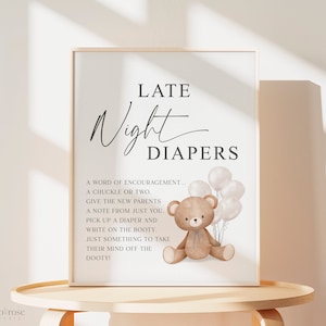 Late Night Windeln Baby Shower Spiel Zeichen, Teddybär weiße Luftballons, Mädchen Jungen Babyparty, wir können kaum warten, Vorlage Download TEMPLETT