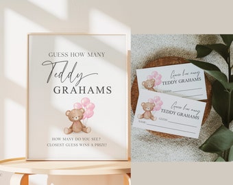 Guess How Many Teddy Grahams Baby Shower Game, Teddy Bear Girl with Pink Balloons, Baby Sprinkle,  We Can Bearly Wait, Template Download
