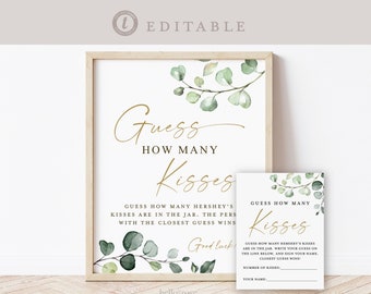 Guess How Many Kisses . Bridal Shower Wedding Game . Greenery + Gold . PRINTABLE Editable Template Instant Download Templett G2-T