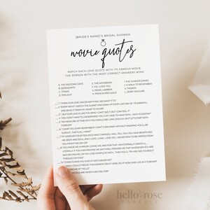 Romantic Movie Quotes Bridal Shower Game . Bachelorette Hens . Minimalist PRINTABLE Editable Template . Instant Download Templett M2-T