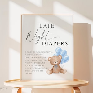 Late Night Windeln Baby Shower Spiel Zeichen, Teddybär mit blauen Luftballons, Junge Baby Shower, wir können Bären warten, Vorlage Download TEMPLETT