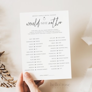 Would She Rather Personalized Bridal Shower Bachelorette Hens Game . Minimalist PRINTABLE Editable Template . Instant Download Templett M2-T
