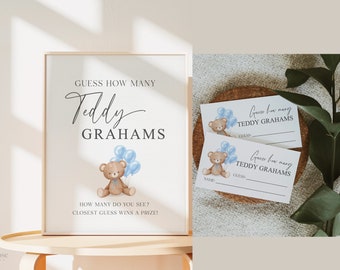 Juego de adivinar cuántas galletas Teddy Grahams hay en la fiesta de bienvenida del bebé, niño con osito de peluche y globos azules, fiesta de bienvenida para el bebé, ¡Ya casi podemos esperar!, descarga de plantilla