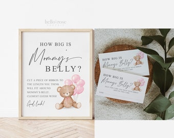 How Big is Mommys Belly Printable Sign + Cards, Teddy Bear with Pink Balloons, Girl Baby Shower, Can Bearly Wait, Template Download Templatt