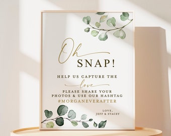 Oh Snap Personalized Capture the Love Hashtag Printable Sign . Wedding Bridal Shower . Greenery + Gold . Poster . Digital Download G2