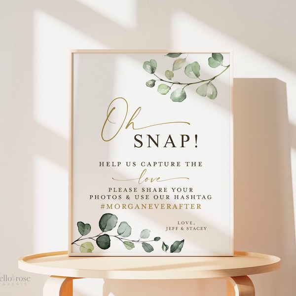 Oh Snap Personalized Capture the Love Hashtag Printable Sign . Wedding Bridal Shower . Greenery + Gold . Poster . Digital Download G2
