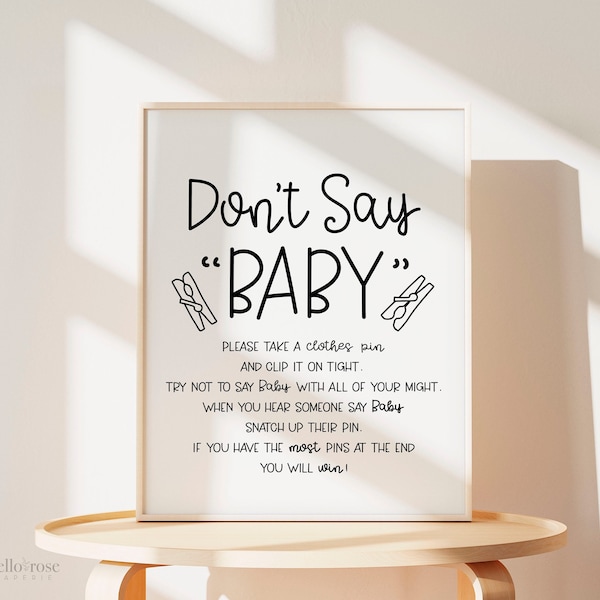 Don't Say Baby Clothespin Baby Shower Game Sign . Boy Girl Neutral . Kraft + Minimalist Black and White . Printable Instant Download . K4