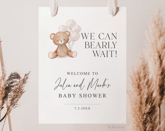 Can Bearly Wait Welcome Baby Shower Sign Bear with Beige Balloons, Girl Boy, Couples Shower, Can Bearly Wait, Editable Download TEMPLETT