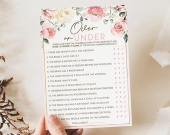 Over or Under Floral Bridal Shower Game . Printable Bachelorette Hens Party Game . Blush Pink Roses Eucalyptus Greenery . Instant Download