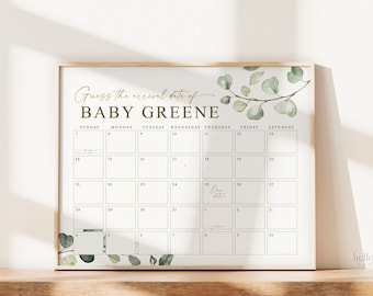 Op de afbeelding: Een afdrukbare kalender met een groen eucalyptusbladerenontwerp. De kalender heeft de titel "Raad de aankomstdatum van Baby Greene" en heeft de dagen van de week bovenaan vermeld. De uitgerekende datum is op de kalender gemarkeerd.