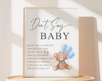 Panneau de jeu Don't Say Baby Shower, Ours en peluche avec des ballons bleus, Shower de bébé pour garçon, Saupoudrer le bébé, On peut attendre longtemps, Modèle à télécharger