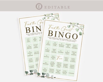 Find the Guest Bingo Pre Filled Unique Game Cards . Bridal Shower . Greenery Gold PRINTABLE Editable Template Instant Download Templett G2-T