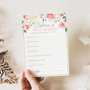 Ratschläge und Glückwünsche für die baldigen Ehepaare. Druckbare Hochzeitskarten für die Brautparty. Rosa Rosen Eukalyptus. Sofortiger Download