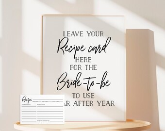 Recipe Card Sign PLUS Recipe Cards. Printable Rustic Wedding Bridal Shower Party . Kraft plus Black and White . Instant Download 8x10