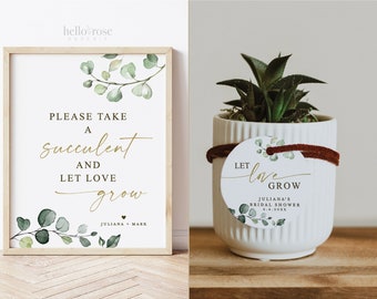 May include: A rectangular sign in a light wood frame with green eucalyptus illustrations and the text Please take a succulent and let love grow, alongside a white ribbed ceramic pot containing a succulent with a round tag reading Let love grow.