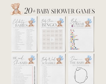 May include: A set of printable baby shower game cards featuring a cute cartoon teddy bear with blue and white balloons. The games include Celebrity Babies, Baby Shower Bingo, Baby Emoji Pictionary, He Said She Said, Baby Word Scramble, and Draw the Baby.