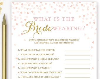 What is the Bride Wearing Bridal Shower Game . Pink and Gold Printable Instant Download . Bridal Shower Game . Gold Glitter Pink Hearts