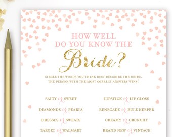 How Well Do You Know the Bride . Bridal Shower Game . Printable . Pink and Gold Bridal Shower Games . Instant Download . Gold Glitter
