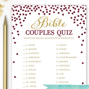 Bible Couples Quiz . Printable Bridal Shower Game . Famous Biblical Couples . Burgundy and Gold Bridal Shower Game . Instant Download Game image 1