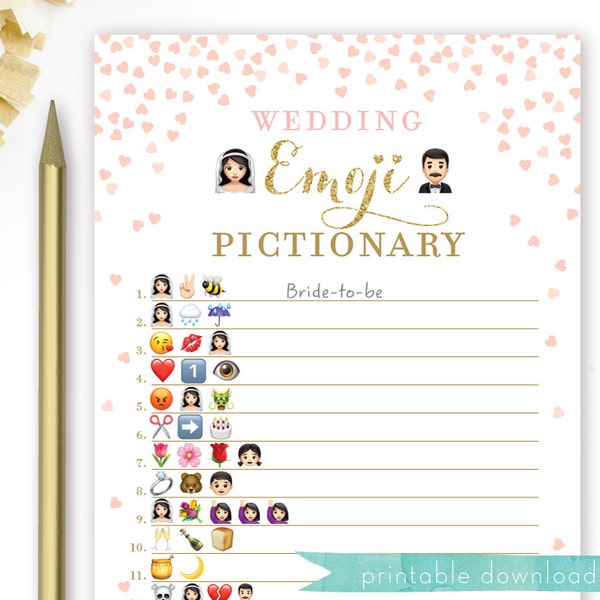 Jeu d'Emojis. Jeu Pictionary Emoji de mariage de douche nuptiale rose et or. Jeu de douche nuptiale imprimable. Téléchargement instantané . Paillettes d'or