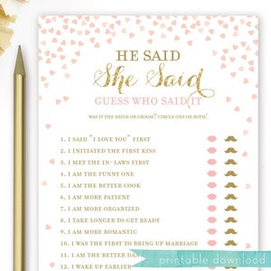 He Said She Said Bridal Shower Game . Pink and Gold Wedding Shower . Hens Party . Bachelorette Party Game . Printable Instant Download image 2