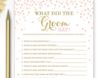 What Did the Groom Say About His Bride Game . Pink and Gold Bridal Shower Game . Printable Instant Download Game . Gold Glitter Pink Hearts