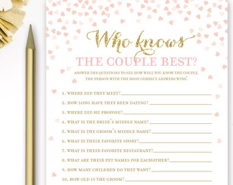 Who Knows the Couple Best . Pink and Gold Bridal Shower Game . Printable Bridal Shower Games . Instant Download . Gold Glitter Pink Hearts
