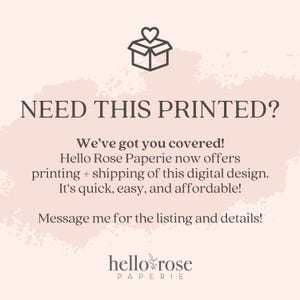 Pode incluir: Um gr&aacute;fico rosa claro com um &iacute;cone de linha castanho escuro de uma caixa aberta com um cora&ccedil;&atilde;o por cima. O texto diz: NEED THIS PRINTED? We&rsquo;ve got you covered! Hello Rose Paperie now offers printing + shipping of this digital design. Message me for the listing and details!