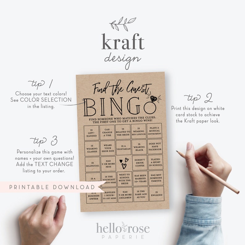 Find the Guest BINGO Printable Bridal Shower Game . Fun Icebreaker . Kraft Minimalist Black White . Wedding Engagement . Instant Download image 2