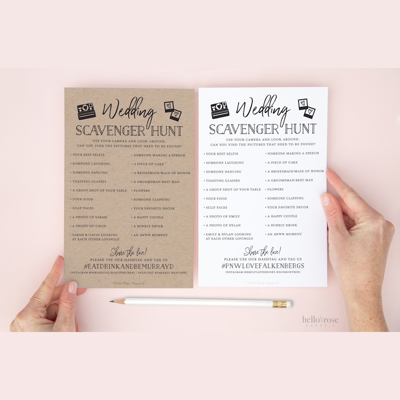 Wedding Scavenger Hunt Personalized Printable Game . I Spy Wedding Reception Photo Game . Kraft Minimalist Black White . Digital Download image 1