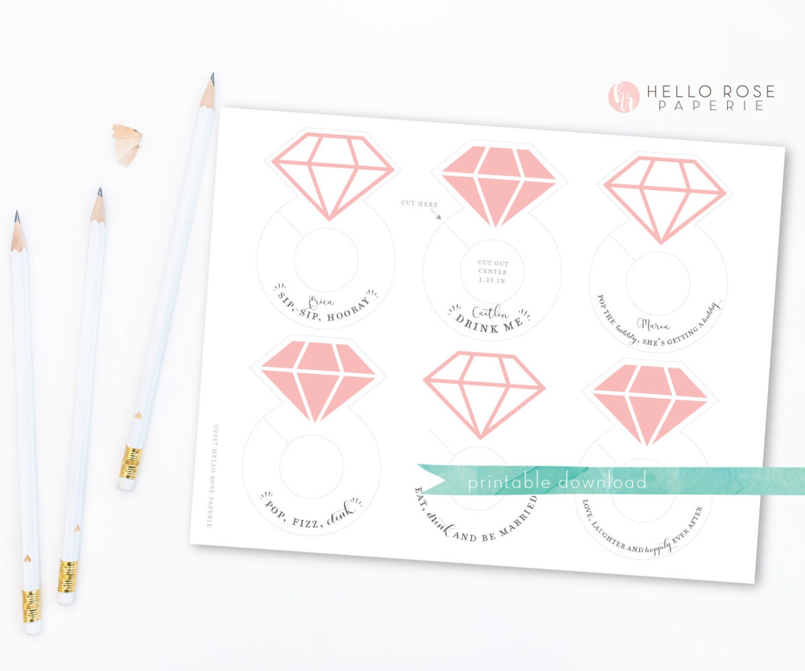 Diamond Ring Wine Glass Drink Tags . Printable Bachelorette Bridal ...