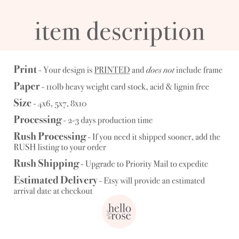 May include: Text describing the details of a print product, including the paper type, size options, and processing time. The text also mentions rush processing and shipping options. The text is in black on a white background.