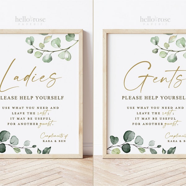 Personalized Wedding Bathroom Basket Printable Signs . Ladies and Gents Wedding Restroom Please Help Yourself . Greenery Gold . Download G2