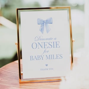 Dekorieren Sie einen Onesie für Baby Boy Sign, Blue Bow Boy Babyparty, Baby Onesie Decoring Station, bearbeitbare Vorlage Digitaler Download TEMPLETT