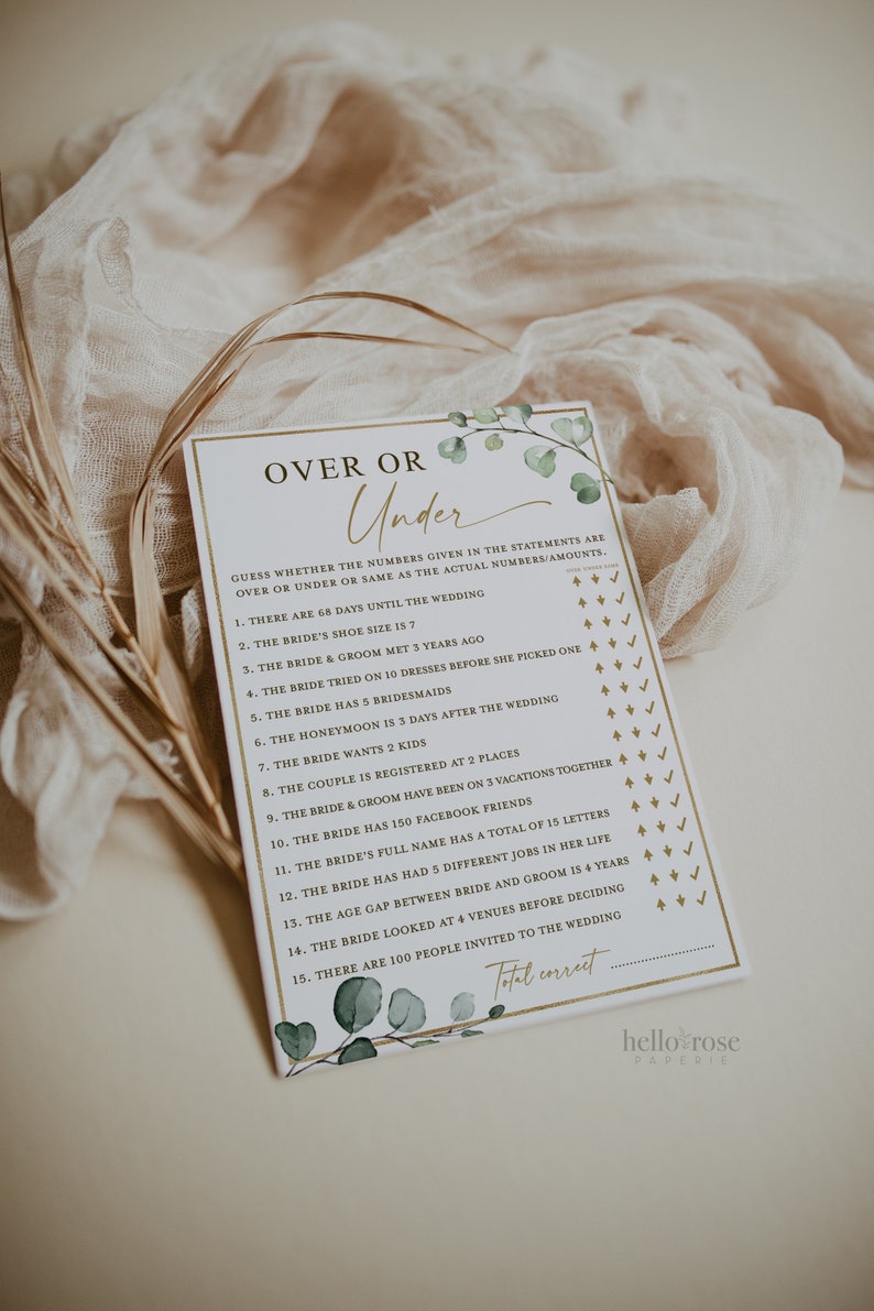 Over or Under Bridal Shower Printable Game . Wedding Couples - Etsy