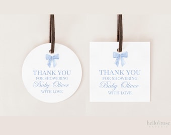 Etiquetas de agradecimento, modelo de laço azul, etiquetas adesivas, granulados para chá de bebê, chá de panela, modelo personalizado editável para impressão