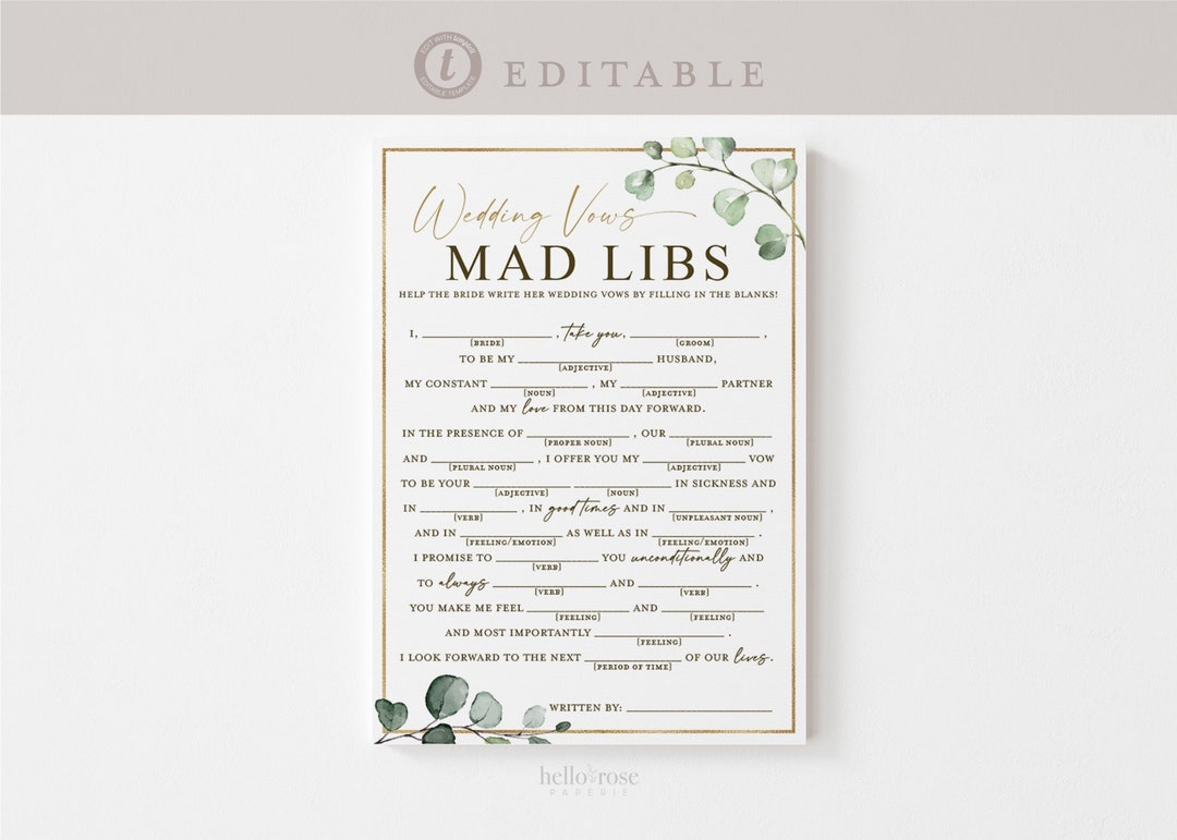 Wedding Vows Mad Libs Game . Personalized Reception Games . Greenery ...