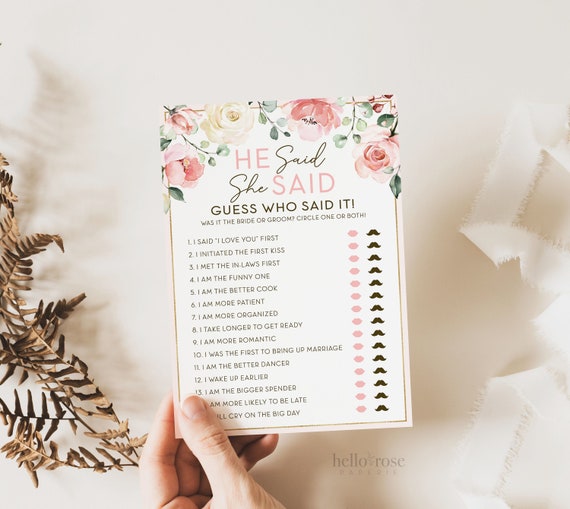 He Said She Said Floral Bridal Shower Game . Printable Icebreaker . Hen Bachelorette Party . Rustic Pink Roses Eucalyptus . Instant Download