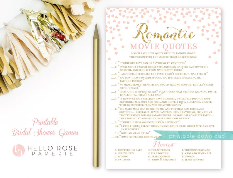 Romantic Movie Quotes Bridal Shower Game . Match the Movie Etsy
