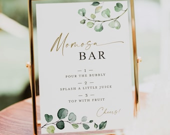 PRINTED + SHIPPED Momosa Bar Sign, Baby Shower Gender Reveal Baby Sprinkle Mimosa Bubbly Champagne Bar Sign, Greenery and Gold, 8x10 5x7