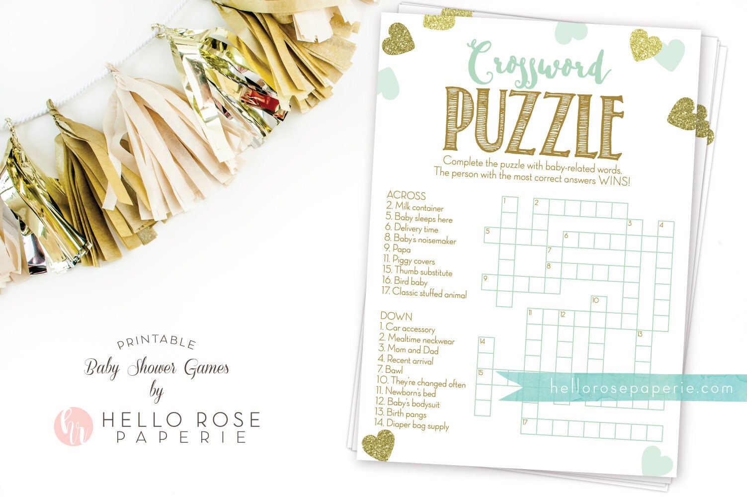 baby shower crossword puzzle game mint and gold printable etsy ireland
