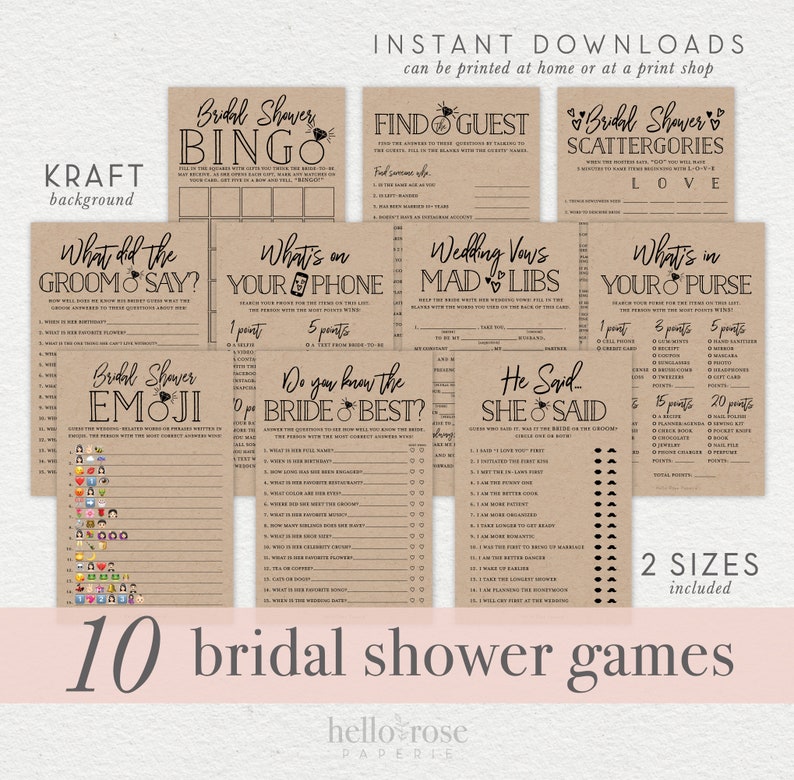 10 Bridal Shower Games Bundle . Virtual Printable . Rustic Etsy