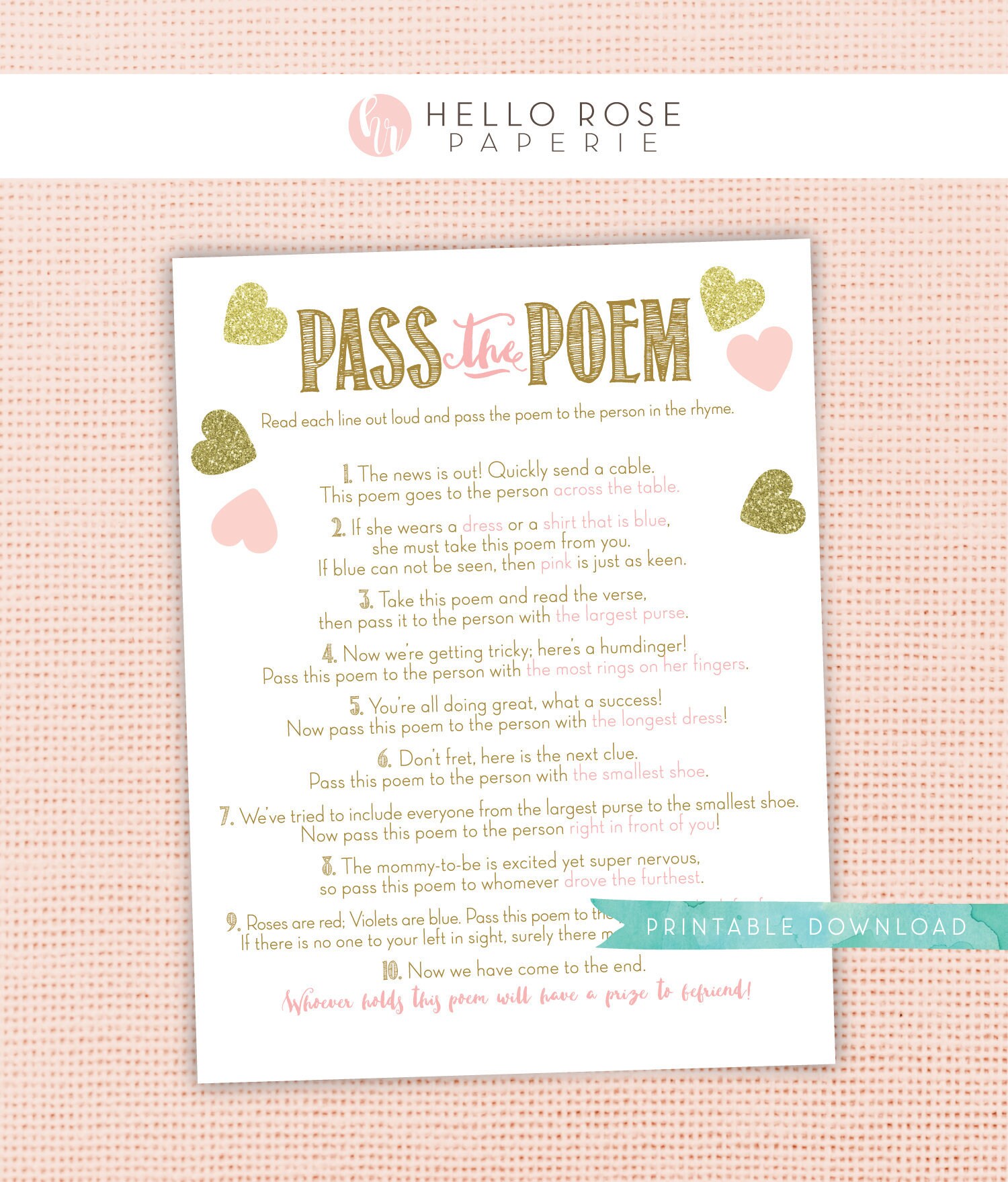 Pass the Poem Baby Shower Printable Game . Pink and Gold | Etsy