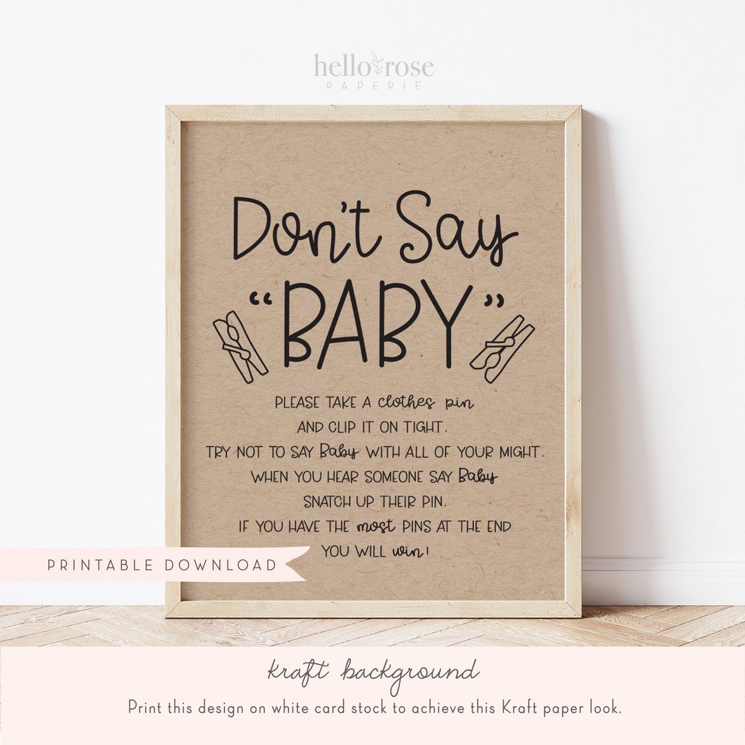 Don't Say Baby Clothespin Shower Game Table Sign . Boy Girl Neutral . Rustic Kraft Black and