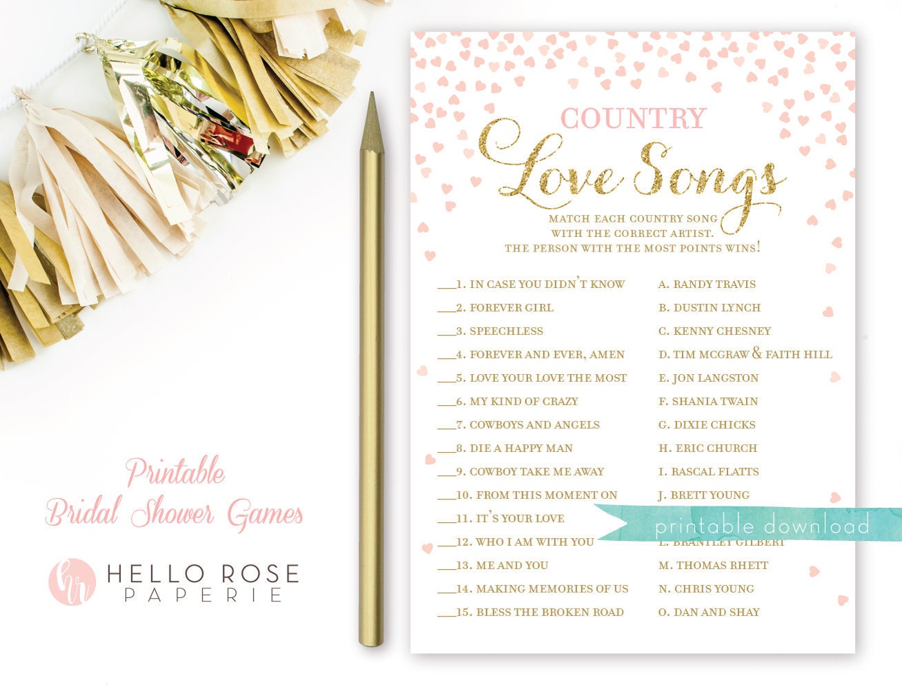 Country Love Songs Bridal Shower Game . Love Songs Game . Pink Etsy