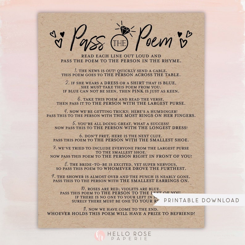 Pass the Poem Bridal Shower Printable Game . Bachelorette Hens Party . Wedding . Kraft Minimalist Black & White . Instant Download PDF K4 image 3