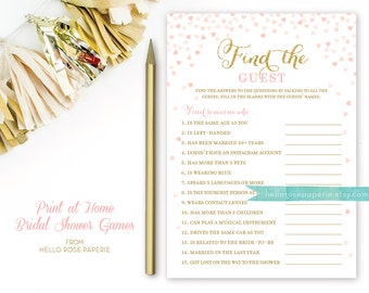 Pink and Gold Bridal Shower Games . Find the Guest Game . Bridal Shower Games Printable Instant Download . Glitter Confetti Hearts