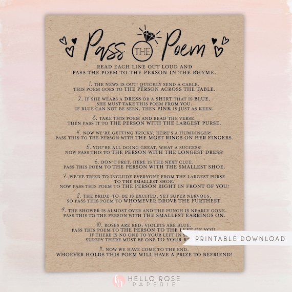 Pass The Poem Bridal Shower Printable Game Bachelorette Hens Etsy
