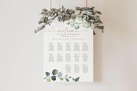 Seating Chart Wedding Printable Sign . Find Your Seat . Wedding Welcome Seating Plan . Greenery and Gold . Digital Download PDF or JPEG . G2