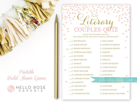 Literary Couples Quiz . Famous Couples Bridal Shower Game . - Etsy Norway
